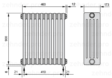 Схема (чертеж) Радиатор Zehnder Charleston 5090/10 №3570 Белый глянцевый RAL 9016